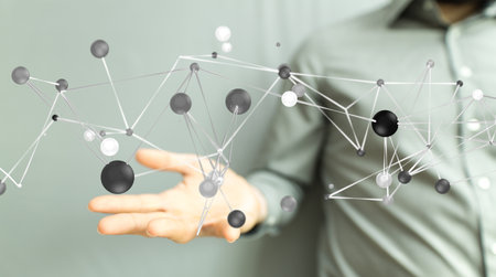 A closeup shot of a person presenting a virtual projection of a colorful digital network