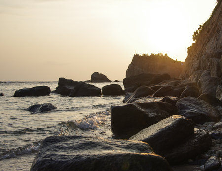 The coastal rock barrier at sunset in Galle, Sri Lanka,の写真素材