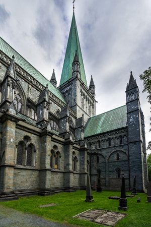 A vertical shot of Nidaros Cathedral in Trondheim, Norwayの写真素材
