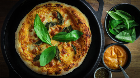 A closeup shot of delicious pizza in a bowl, basil, a sauce, and black pepper in bowls on the table