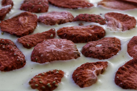 Several dried strawberries melted in white chocolate