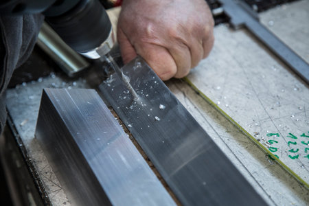 worker drilling whole into rectangular metal pipe