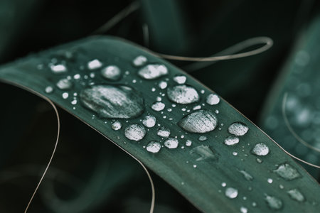 A selective focus shot of leaves covered with dewdropsの写真素材