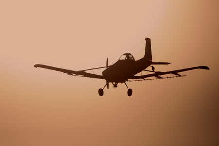 A silhouette of a plane in an orange foggy skyの写真素材