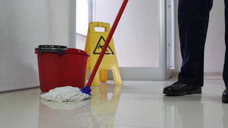 A man cleaner cleaning the floor and a caution sign wet floor