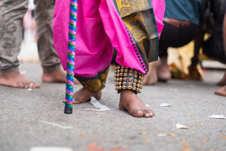 Thaipusam is a religious celebration by devotees. Its highlight is a barefoot walk of devotees carrying milk pots and dancing with prickly kavadis.の写真素材
