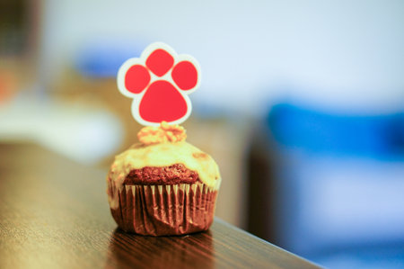 A closeup shot of a cupcake with a cute puppy palm candy on topの写真素材