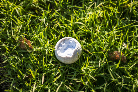 A broken golf ball on the lawn under the sunlight - sport conceptの写真素材