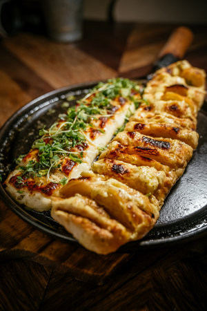 A vertical closeup shot of a grilled chicken breast in a black plate on a wooden tableの写真素材