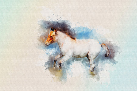 A watercolor digital painting of a beautiful galloping horseの写真素材