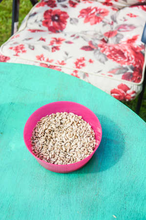 Processed sunflower seeds in a pink bowl in front of a pillow decorated with flowers