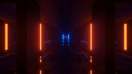 3D rendering abstract futuristic background with a glowing neon blue and orange lightsの写真素材