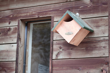 A wooden birdhouse attached to the wall