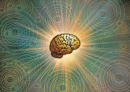 A digital projection of the human brain with spirals in the backgroundの写真素材