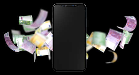 The virtual projection of a black smartphone and euro bills on a black background