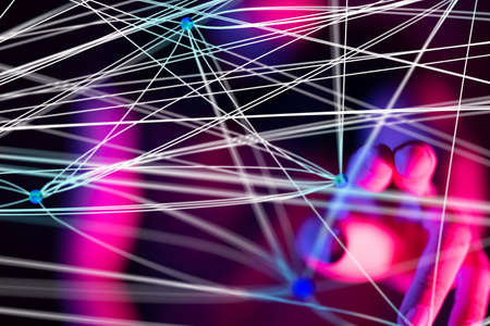 A man clicking on virtual connected lines depicting global connectivity and digital networkの写真素材