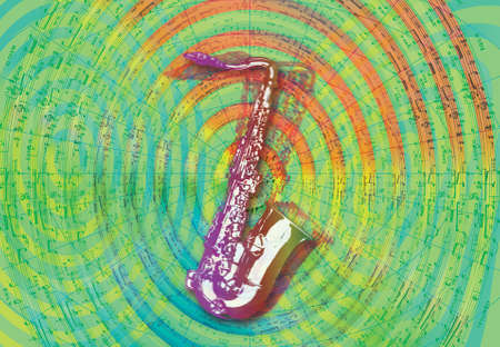 A colorful illustration of a saxophone and sound wavesの写真素材