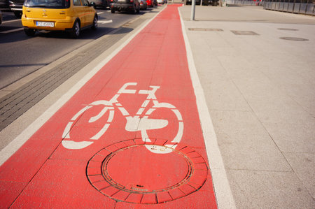 POZNAN, POLAND - Mar 05, 2020: Red colored bicycle route next to a road in the city center.