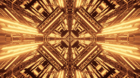 The abstract science fiction futuristic background with golden neon lightsの写真素材