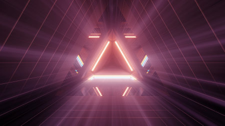 A 3D rendering of brightly glowing lights in triangular shapes behind each other