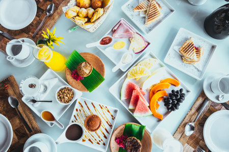 A beautiful spread of food for breakfast served on whited dishes at a tropical resortの写真素材