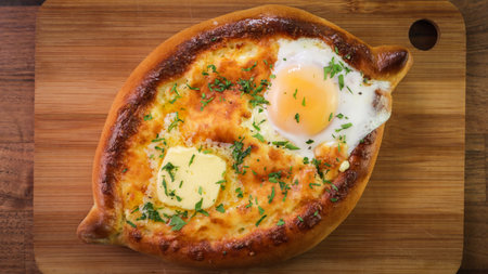 A closeup shot of Adjarian khachapuri on a wooden boardの写真素材