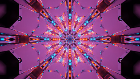 An illustration of several purple, red, yellow and blue lights in motion flowing into one directionの写真素材