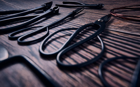 A selective focus shot of bonsai transplant tools on a wooden surface - great for a backgroundの写真素材