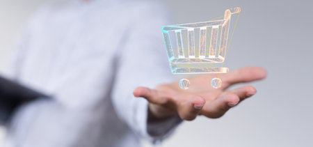 Businessman pressing modern technology panel shopping cart web phone credit cardの写真素材