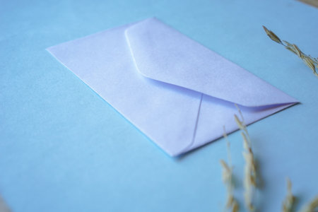 A white envelope with dried grass for greeting mockup seasonal concepts on blue backgroundの写真素材