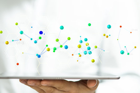 A closeup shot of a person presenting the virtual projection of a colorful digital network