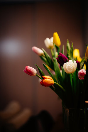 A closeup shot of a beautiful bouquet with colorful tulip flowers
