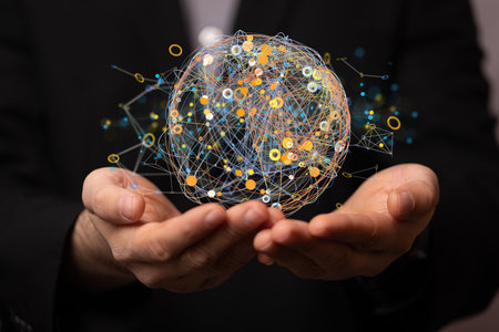 A 3D rendering of a futuristic sci-fi inspired globe with a real person holding it