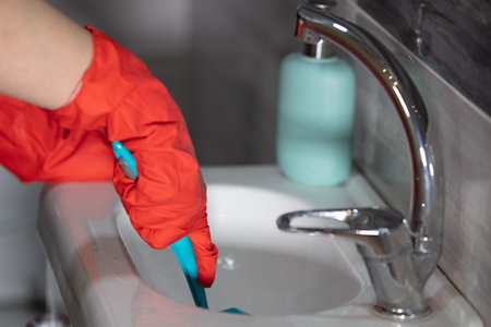 A person cleaning the sink with a blue cleaning brushの写真素材