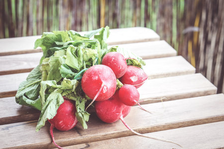 A closeup shot of a bundle of fresh radish on a blurred background