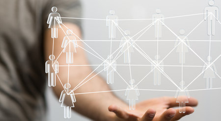 The male hands and people icons connected to each other-online networking conceptの写真素材