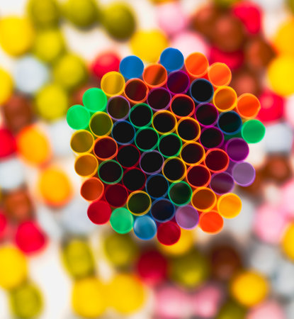 A selective focus of colorful straws with candies in the background