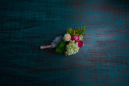 A high angle shot of a beautiful pocket flower composition for a wedding ceremonyの写真素材