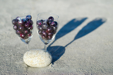 A closeup of berries in glasses in a rock on the ground under the sunlightの写真素材