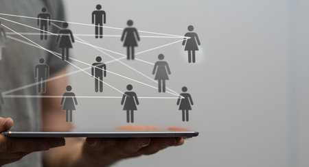 A closeup shot of a person presenting the virtual projection of social networkの写真素材