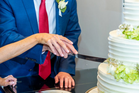 A shallow focus shot fo the bride and the groom cutting the wedding cake