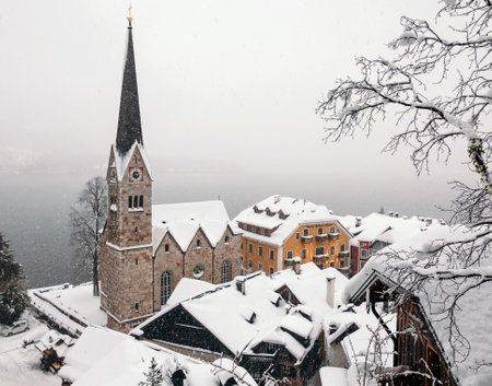 A high angle shot of Hallstatt Austria covered with snow during winterのeditorial素材