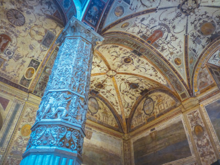 A low angle shot of a beautiful painted ceiling in Florence, Italyのeditorial素材