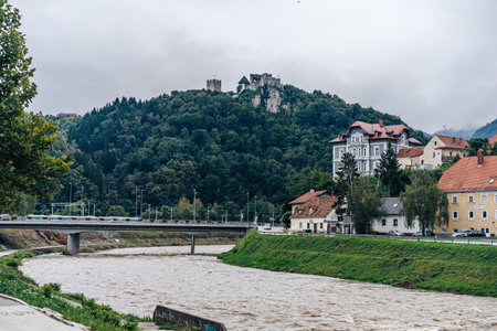 CELJE, SLOVENIA - Sep 08, 2019: Celje, Slovenia - September 8th, 2019. Historical center of Celje with castle, municipal house and main squareのeditorial素材