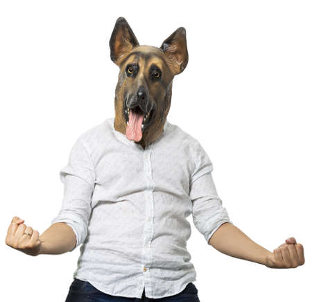 A person in casual clothing and a dog mask demonstrating strength on a white backgroundの写真素材