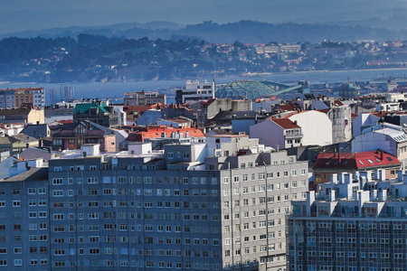 A high angle view of the buildings and the sea in Coruna, Galicia, Spainのeditorial素材