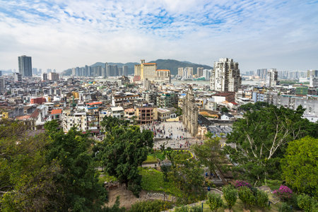 The cityscape of Macau historic center and Ruins of St. Paul's viewed from Monte Forteのeditorial素材