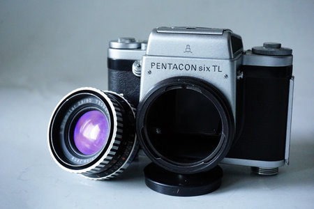 BUCURESTI, ROMANIA - Mar 15, 2020: old vintage Pentacon Six P6 photo film camera and lens  + accesoriesのeditorial素材