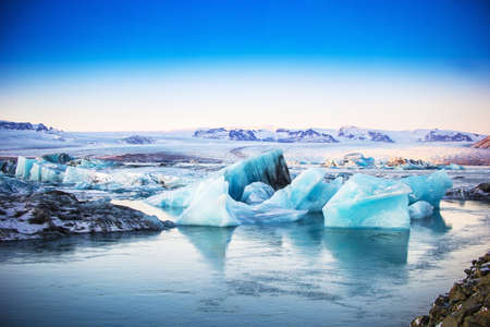 A beautiful scenery of Jokulsarlon, Glacier Lagoon, Iceland, Europe during sunsetの写真素材