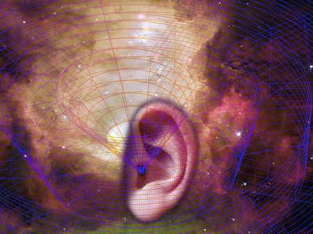 An illustration of a human ear against a colorful trippy geometrical background